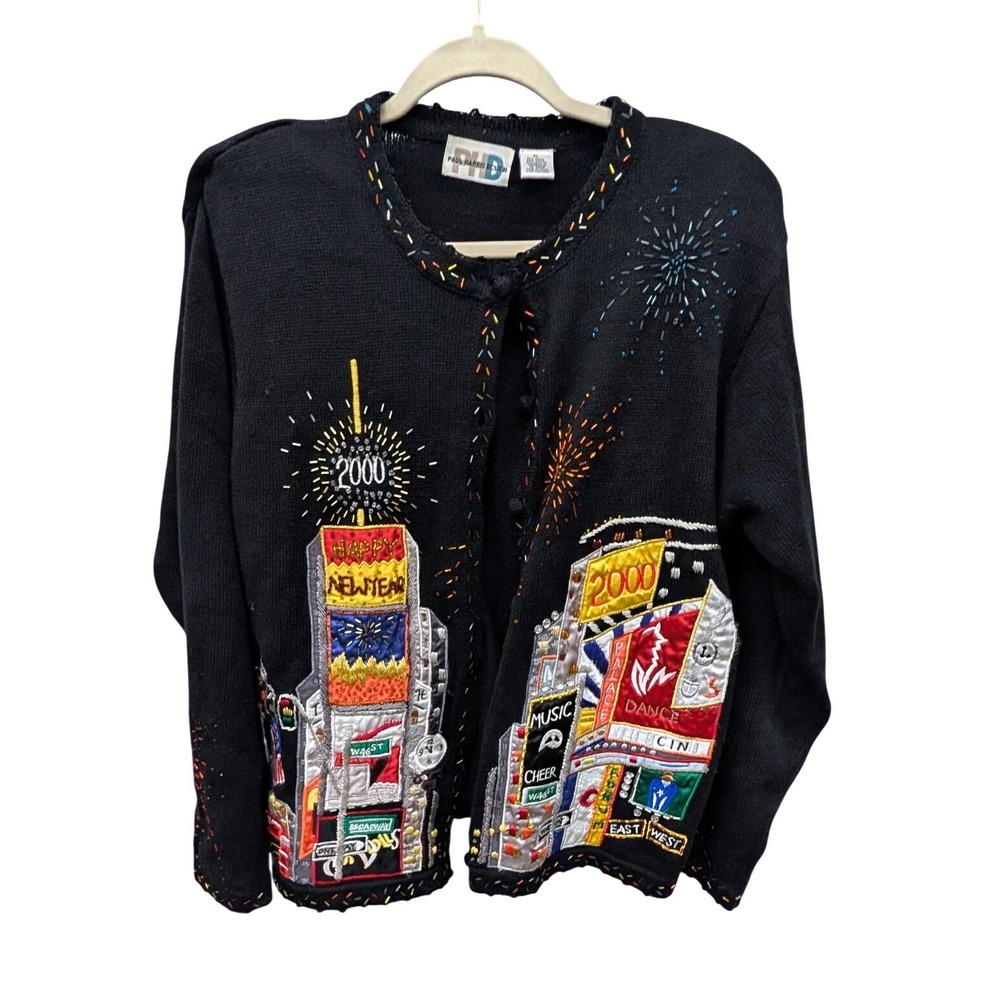 Vintage Y2K Paul Harris Design New Year 2000 Times Square Beaded Cardigan- XL
